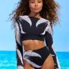 Maaji Spectacle Long Sleeve Crop Swim Top -PRIMADONNA Shop 2391SCR004SpectacleLongSleeveCropTopFeathersFrontEdited