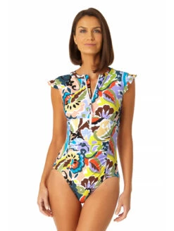 Anne Cole Flutter Sleeve Zip Up One Piece Swimsuit