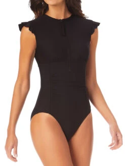 Anne Cole Flutter Sleeve Zip Up One Piece Swimsuit