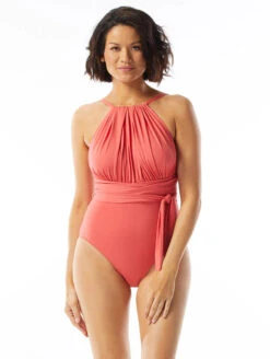 Coco Reef Belted High Neck One Piece Swimsuit