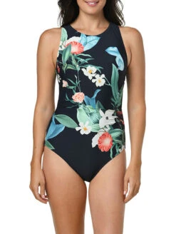 Jantzen Botanical Beauty Farrah High Neck One Piece Swimsuit -PRIMADONNA Shop JZ22035MFarrahHighNeckOnePieceBlackFrontEdited